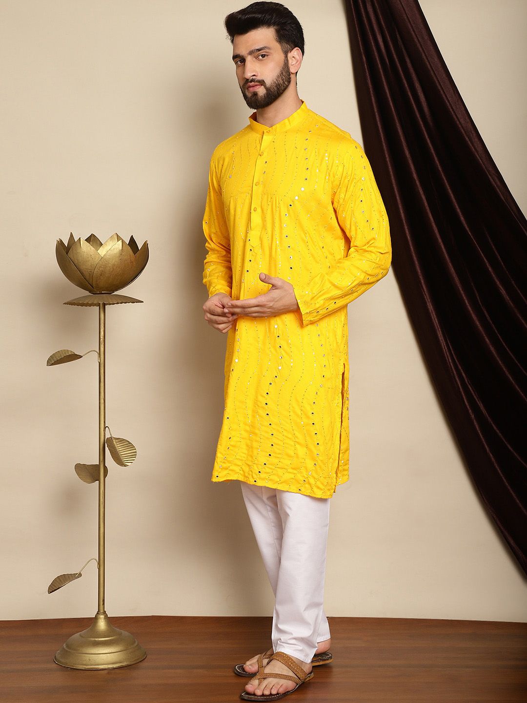 Anouk Navy Blue Embroidered Sequinned Pure Cotton Kurta with Churidar
