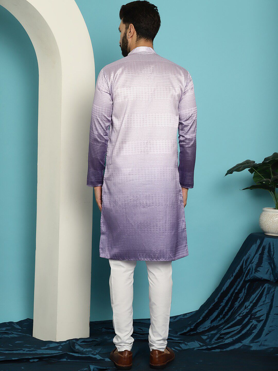 SOJANYA Kolar Jalur Berjalur Lengan Panjang Kurta Biasa Dengan Churidar