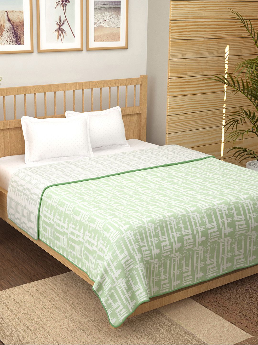 Story@home White & Green Printed AC Room 150 GSM Reversible Cotton Double Bed Dohar
