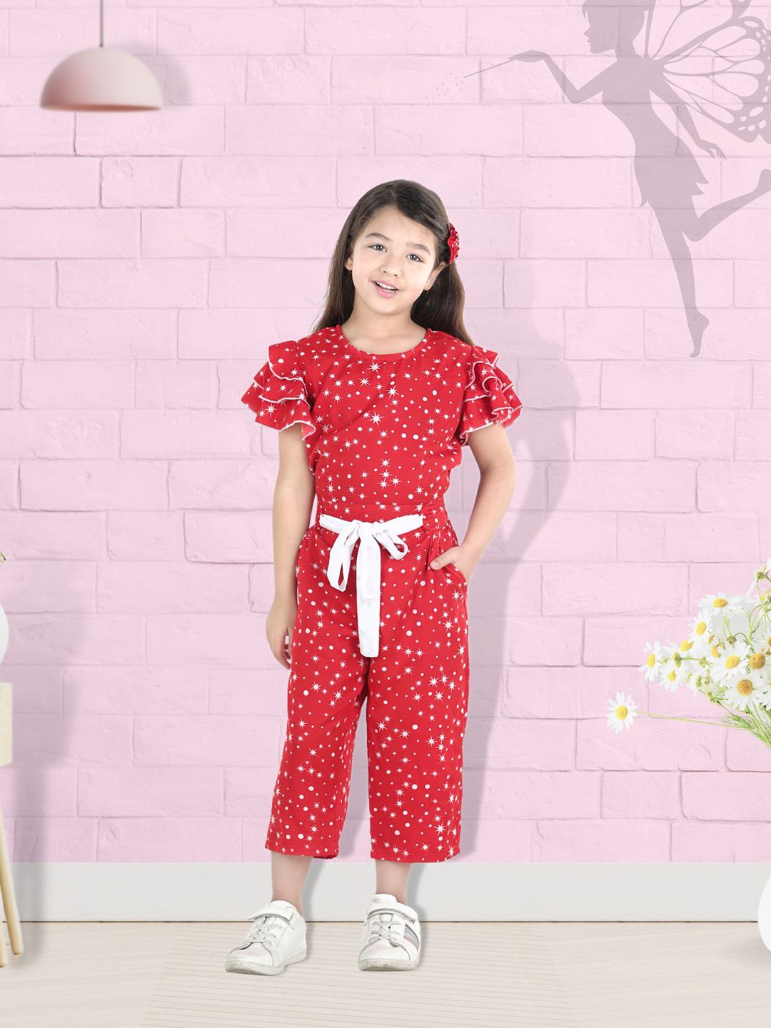 Cutiekins Girls Red & White Printed Basic Jumpsuit