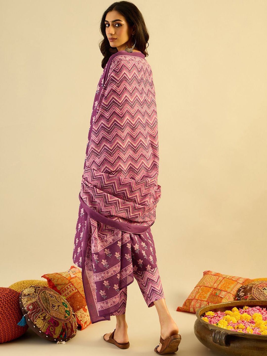 Indo Era Purple Floral Printed V-Neck Pure Cotton Straight Kurta with Trousers & Dupatta