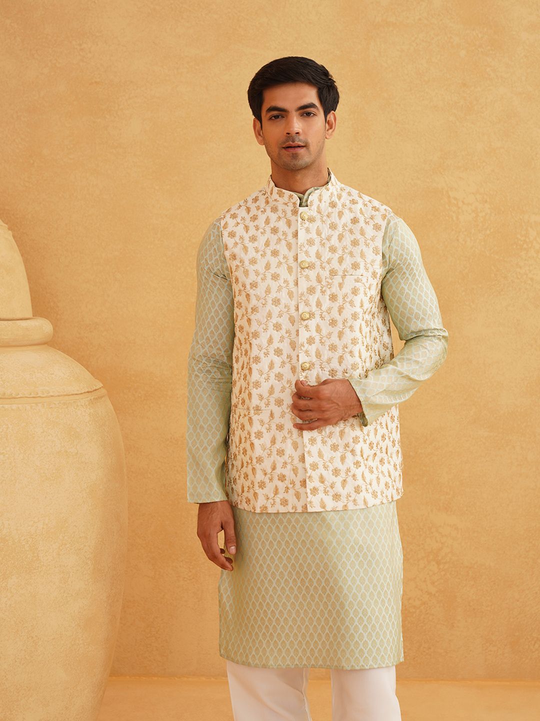 SOJANYA Woven Design Mandarin Collar Kurta with Churidar & Nehru Jacket