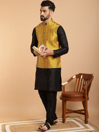 SOJANYA Men Black & Mustard Yellow Kurta with Churidar And Nehru Jacket