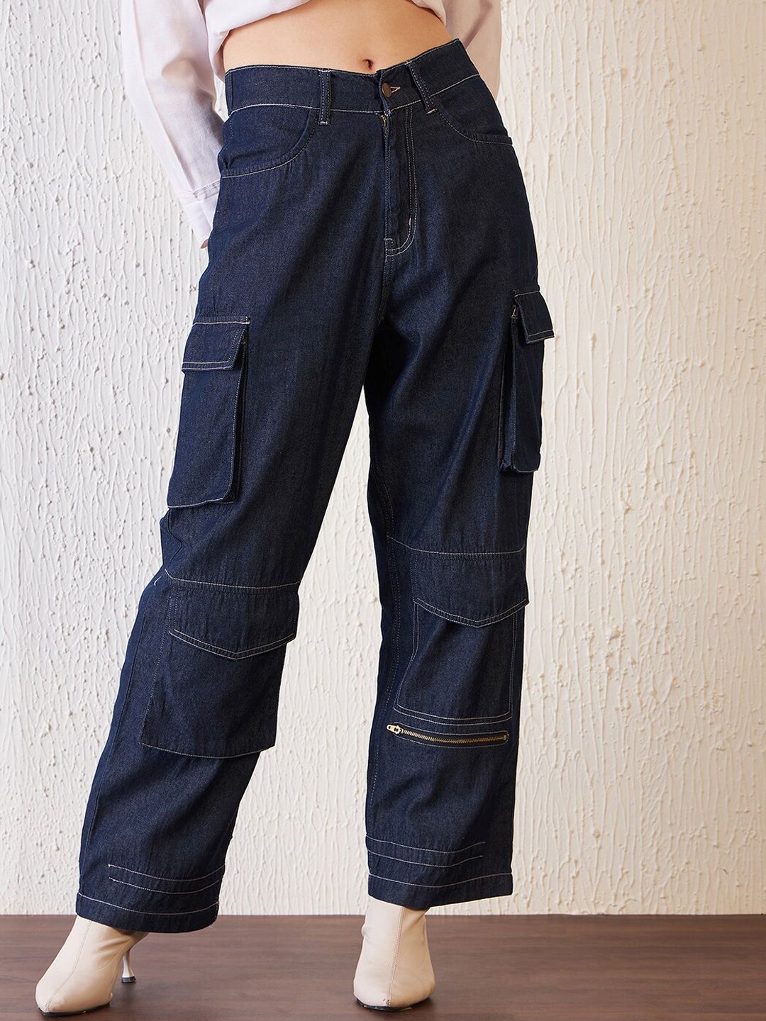 Antheaa Women Blue Comfort Relaxed Fit Stretchable Denim Cargo