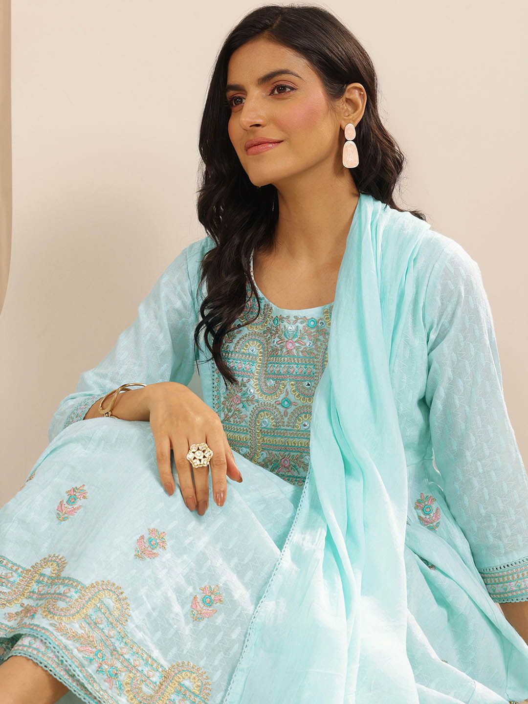 Libas Floral Embroidered Anarkali Thread Work Pure Cotton Kurta with Trousers & Dupatta