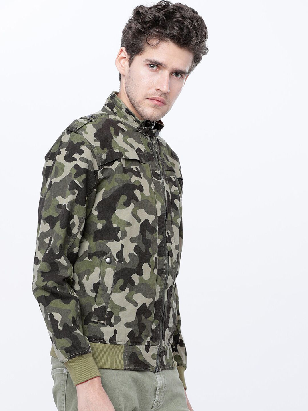 HIGHLANDER Men Olive Green & Beige Camouflage Bomber Jacket