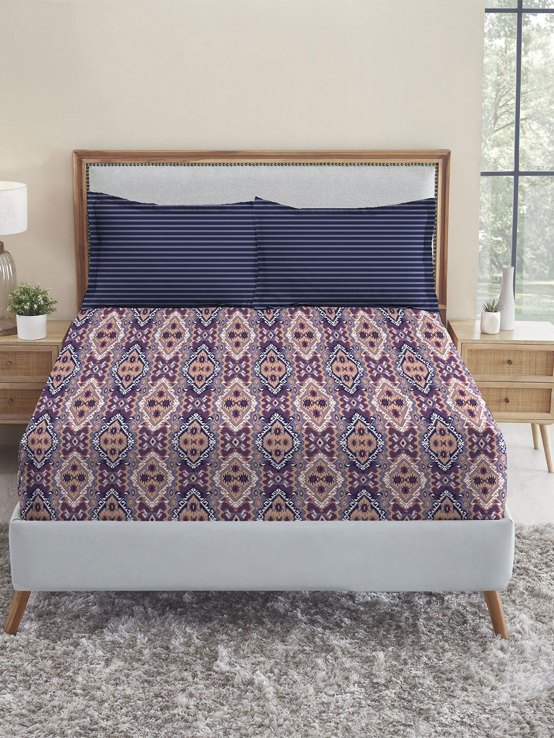 MYTRIDENT Modern Indigo Urban Comfort Flat 144TC Queen Cotton Bedsheet Set