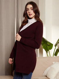Berrylush Maroon Ribbed Longline Front Open Sweater