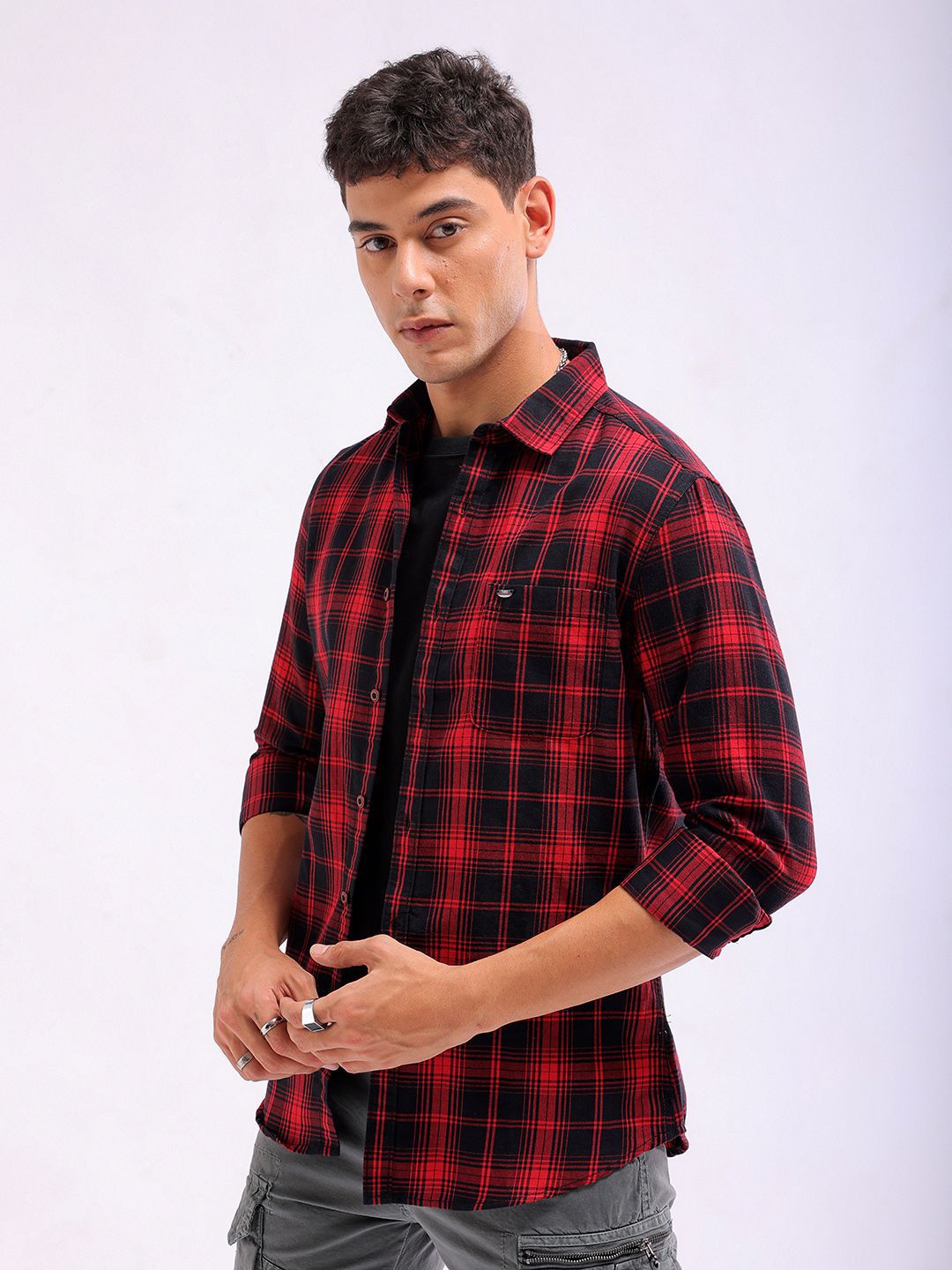 The Indian Garage Co Slim Fit Tartan Checked Spread Collar Casual Shirt