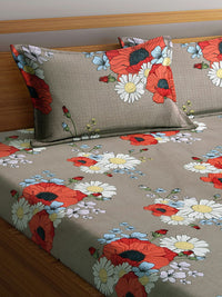 KLOTTHE Grey Floral Polycotton 210 TC King Fine Bedsheet with 2 Pillow Covers-108 x 108 inches