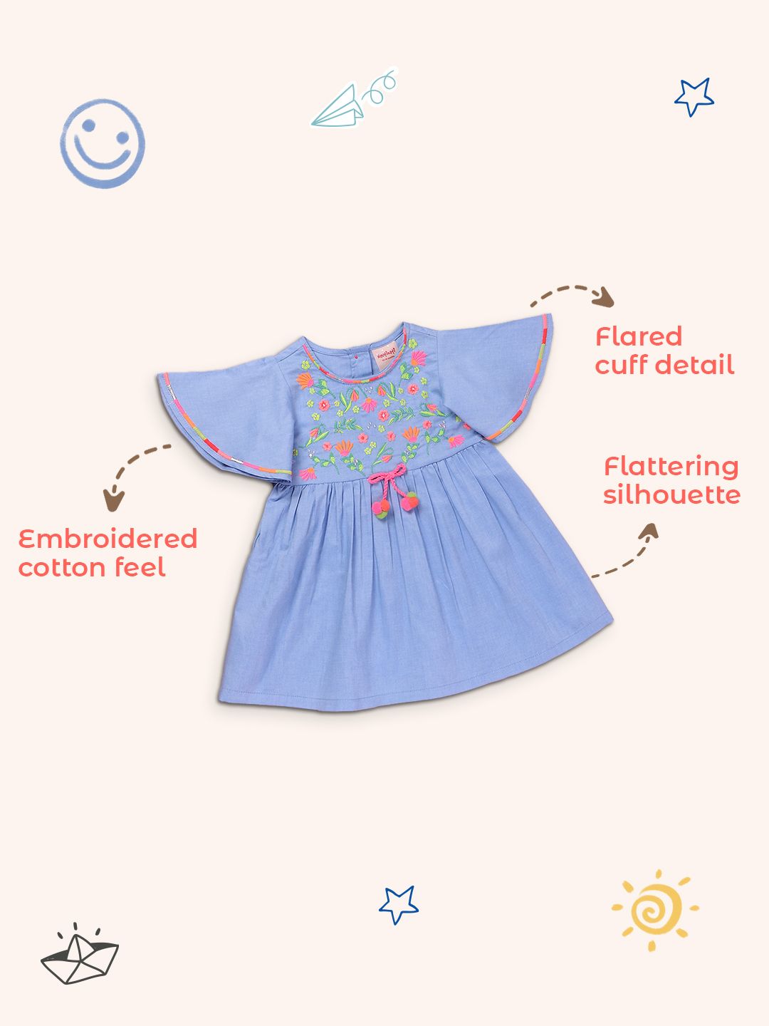 Nauti Nati Girls Blue Floral Embroidered A-Line Dress
