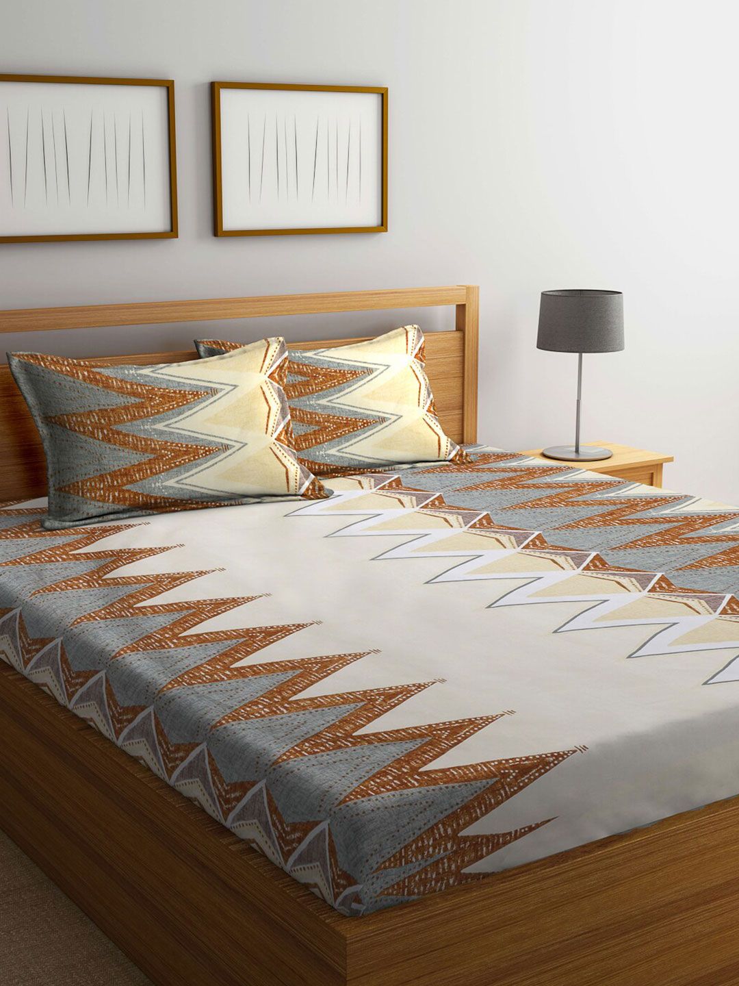 KLOTTHE Grey Chevron Cotton 300 TC Fitted King Fine Bedsheet dengan 2 Sarung Bantal-98 x 87 inci