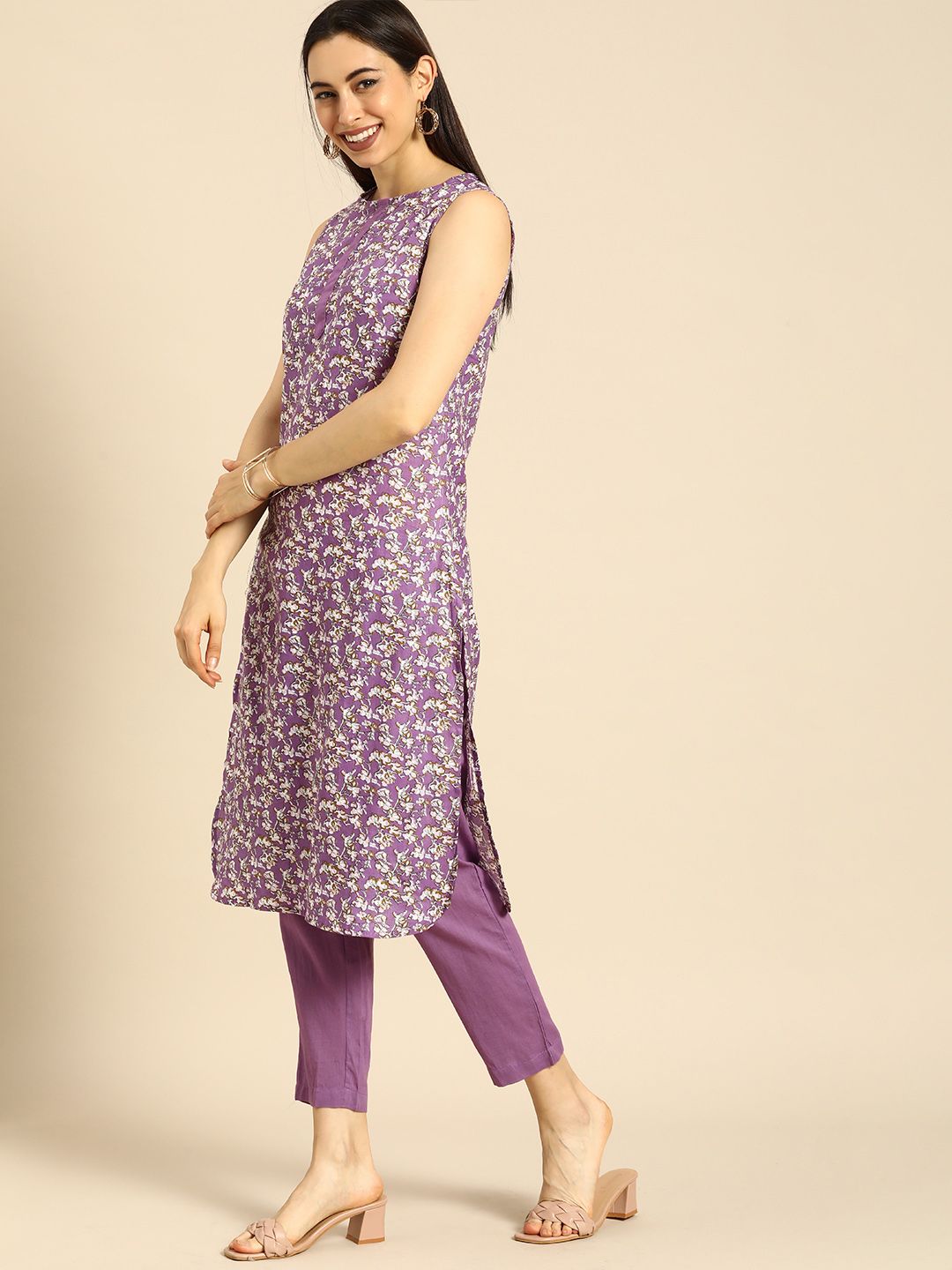 Anouk Women Lavender Floral Printed Regular Pure Cotton Kurta with Trousers