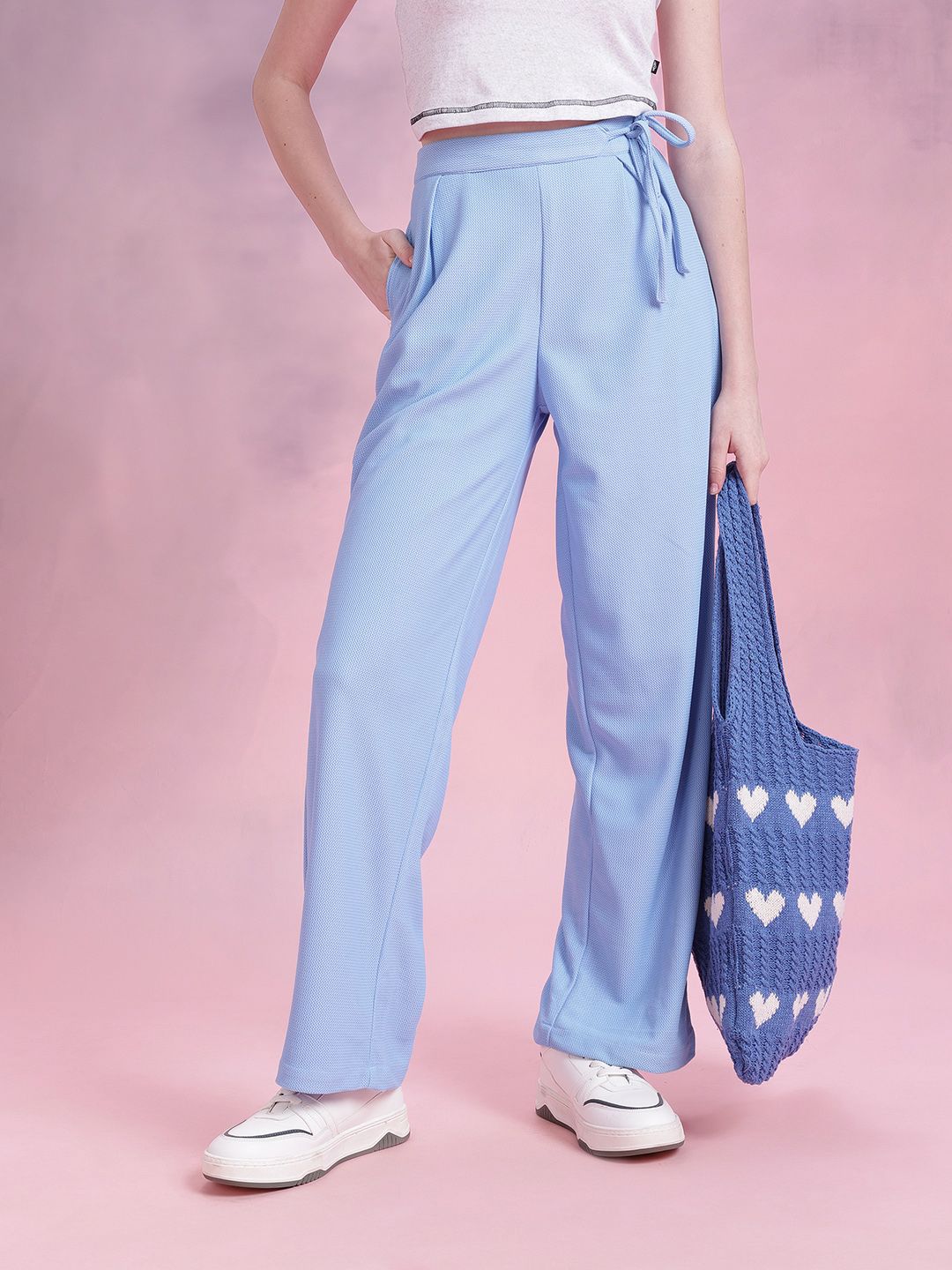 DressBerry Women Regular Fit Textured Tie-Up Waist Trousers