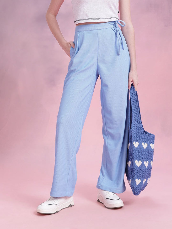 DressBerry Women Regular Fit Textured Tie-Up Waist Trousers