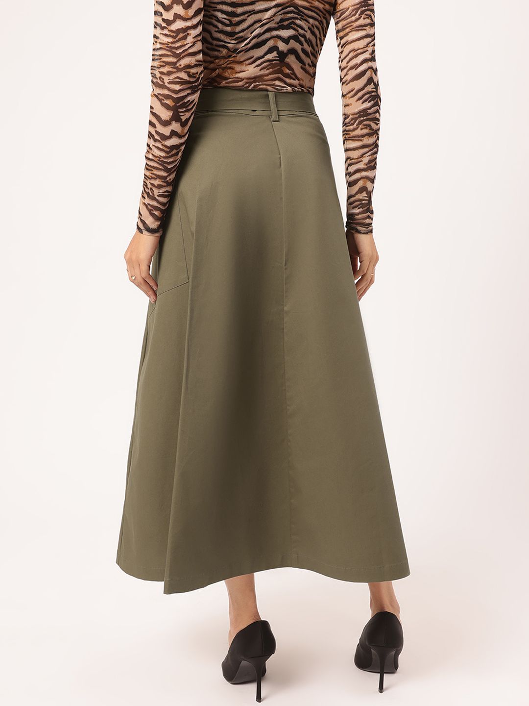 DressBerry Bold & Stylish Side High Slit A-Line Belted Midi Skirt