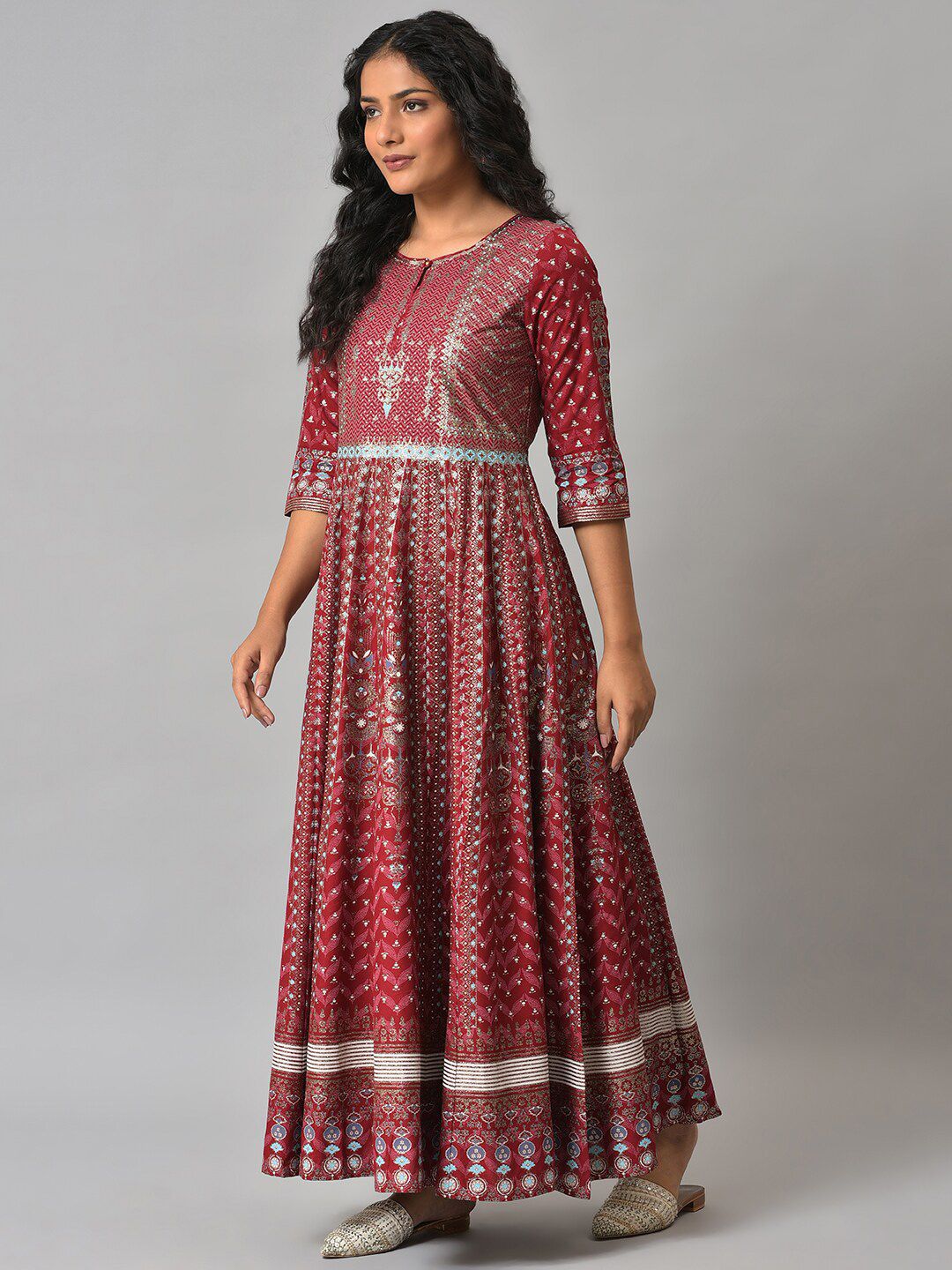 W Red Ethnic Motifs Keyhole Neck Ethnic Maxi Dress