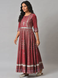 W Red Ethnic Motifs Keyhole Neck Ethnic Maxi Dress