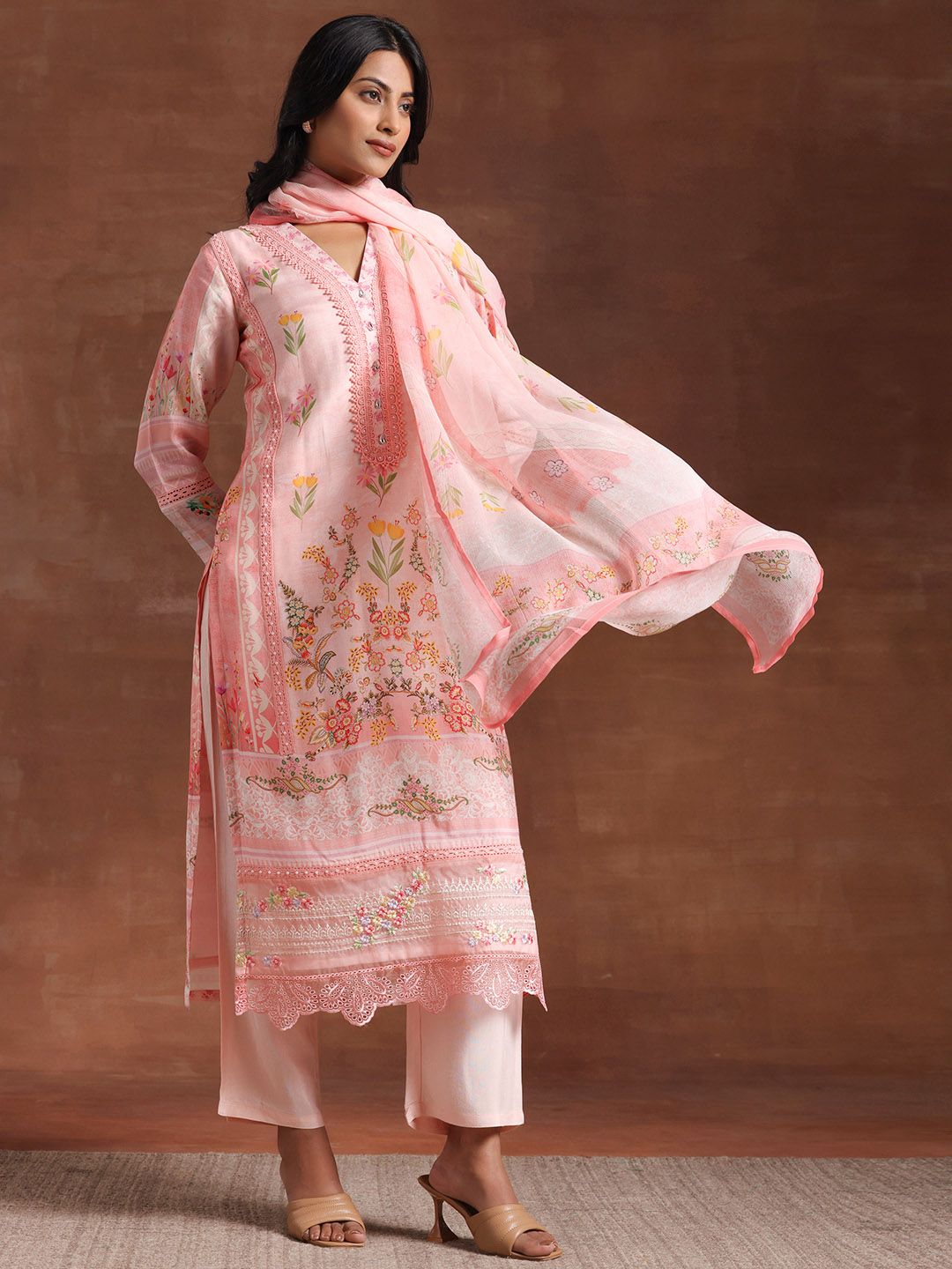 Libas Floral Printed V-Neck Long Sleeves Beads and Stones Kurta Set