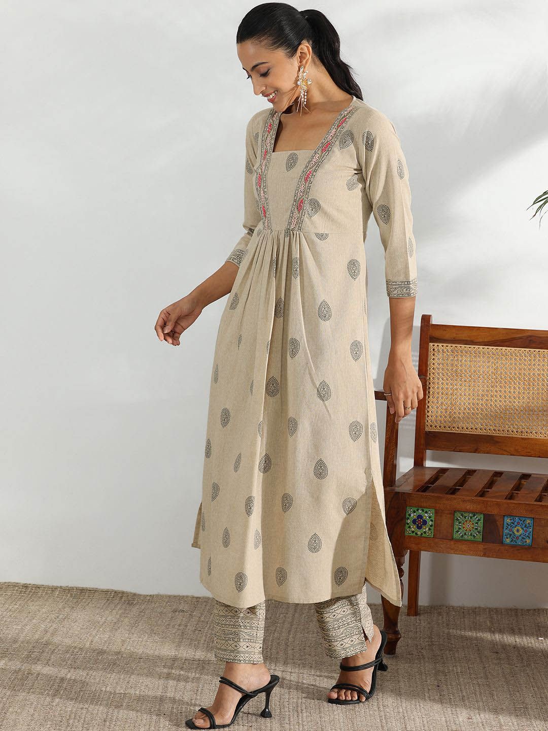 Libas Beige and Black Ethnic Motifs Printed Pleated Sequinned A-Line Kurta with Trousers