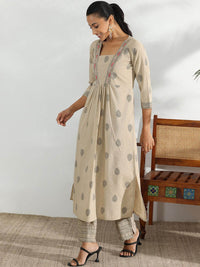 Libas Beige and Black Ethnic Motifs Printed Pleated Sequinned A-Line Kurta with Trousers