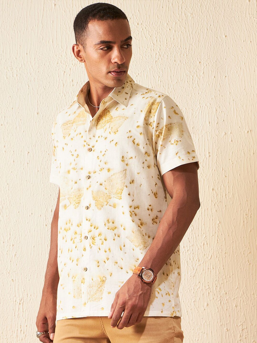 DENNISON Smart Fit Printed Spread Collar Hemp Casual Shirt