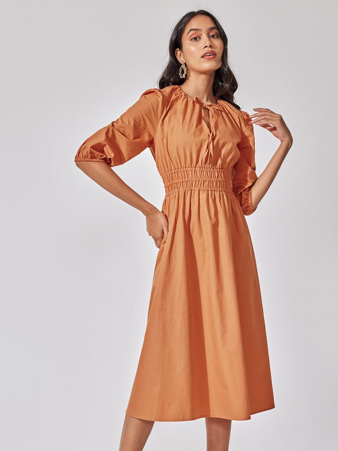 The Label Life Tie-Up Neck Smocked Fit & Flare Cotton Midi Dress