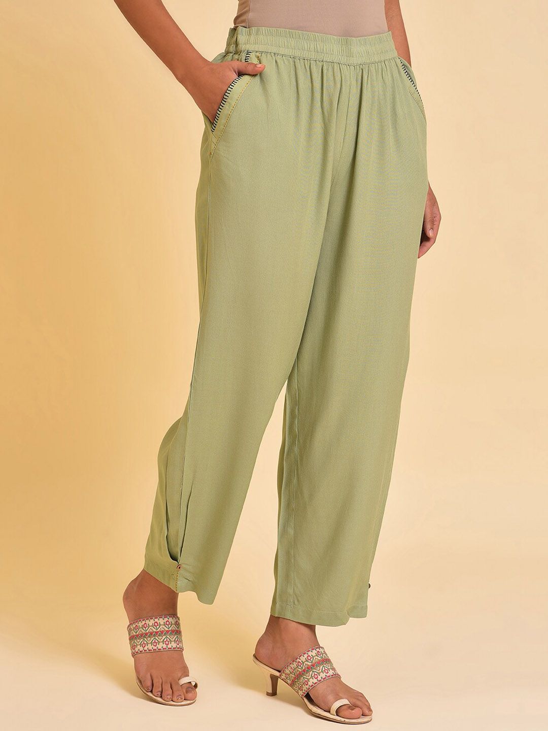 W Women Green Mid Rise Parallel Trousers
