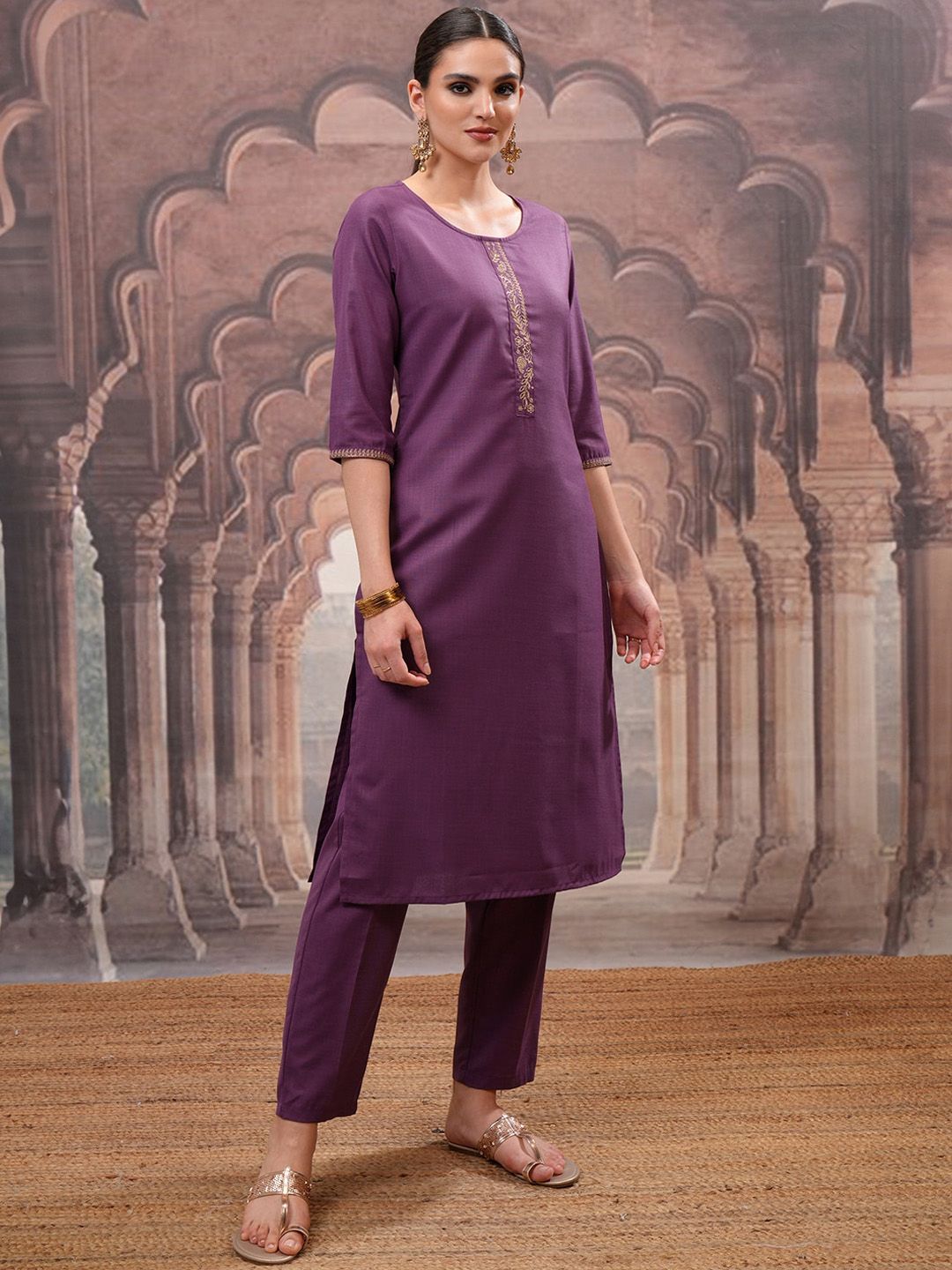 Vishudh Purple Embroidered Round Neck Straight Kurta with Trouser & Dupatta