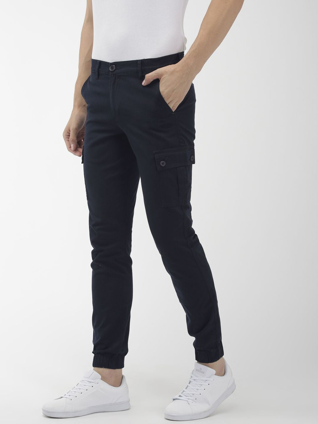 The Indian Garage Co Men Navy Blue Slim Fit Solid Cargo Style Joggers