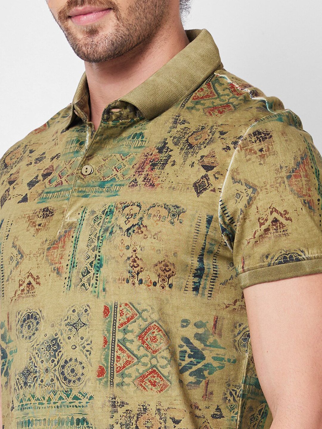 SPYKAR Abstract Printed Polo Collar Cotton Slim Fit T-shirt