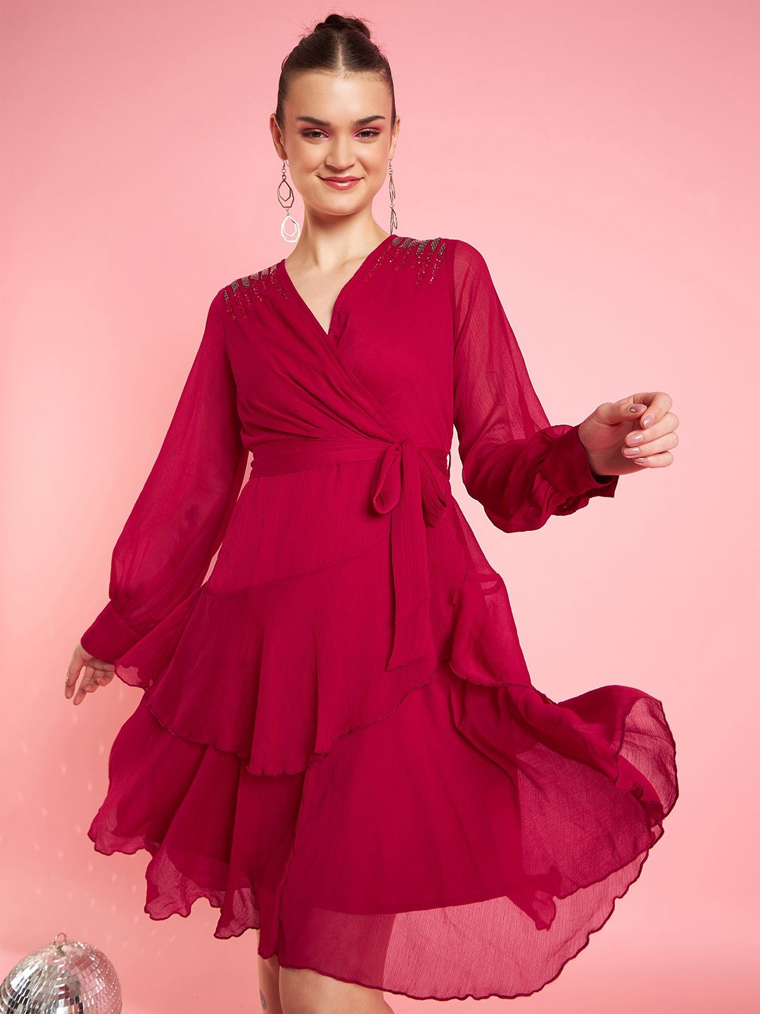 Antheaa Embellished Bell Sleeve Layered Chiffon Fit & Flare Party Dress