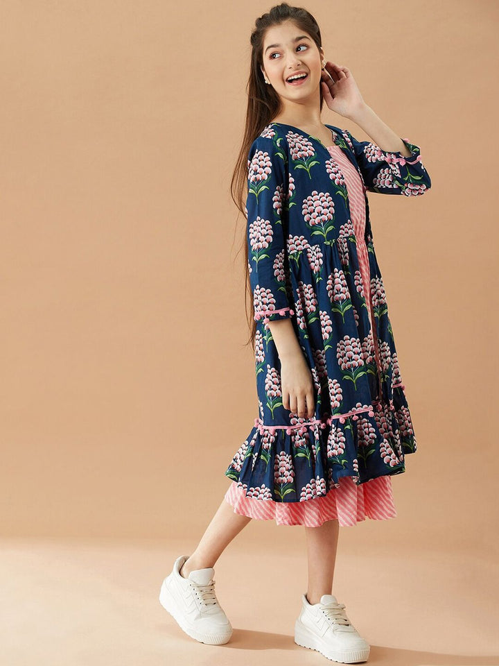 pspeaches Girls Striped A-Line Midi Cotton Dress
