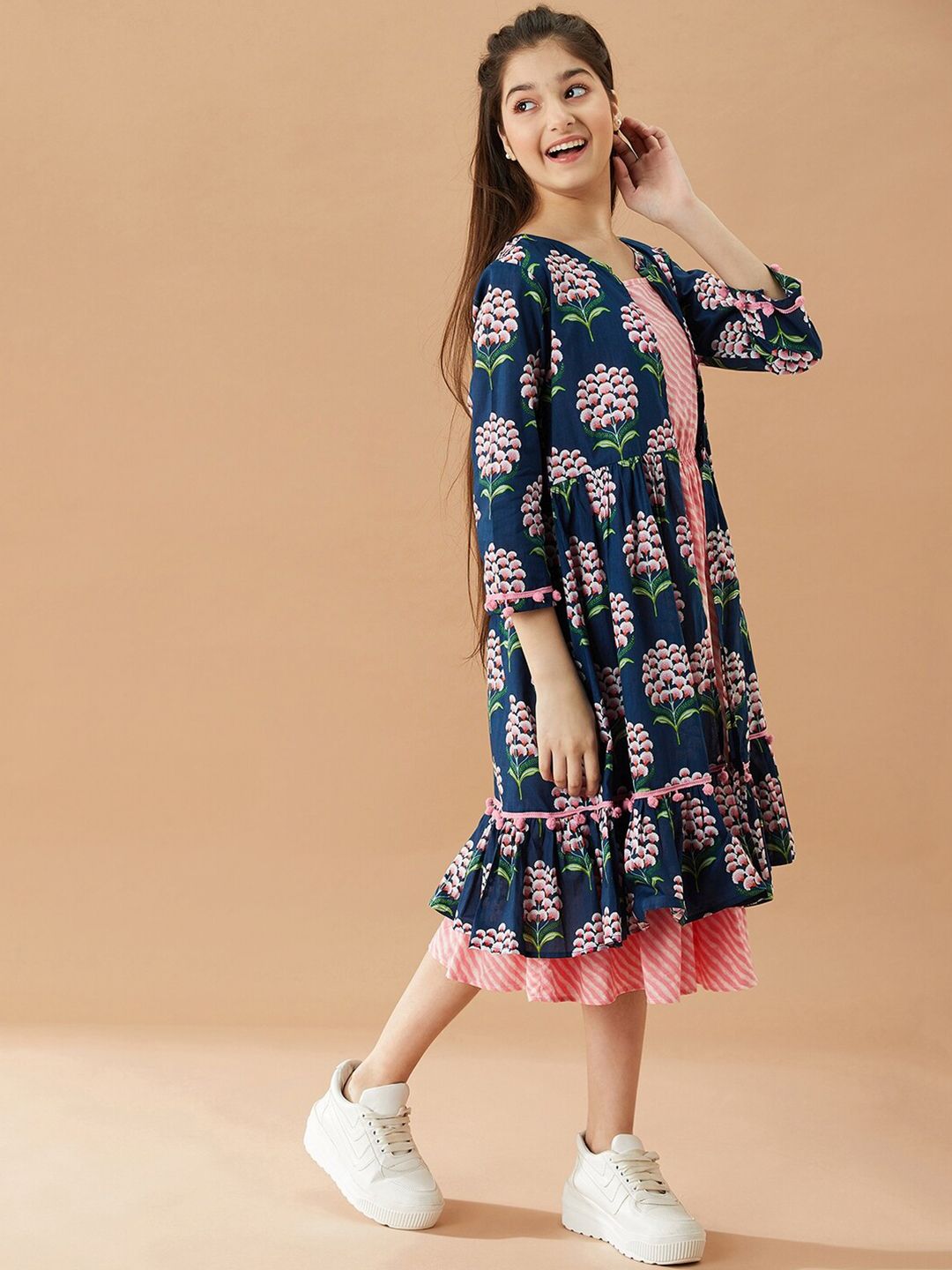pspeaches Girls Striped A-Line Midi Cotton Dress