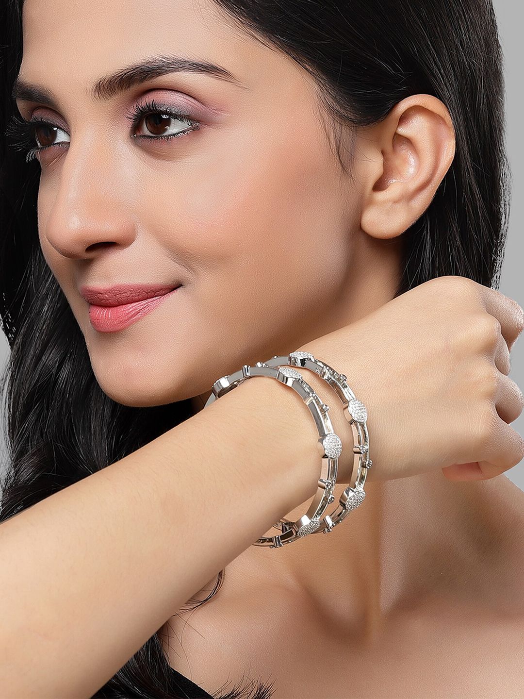 KARATCART Set Of 2 Silver Plated Cubic Zirconia Studded Bangles