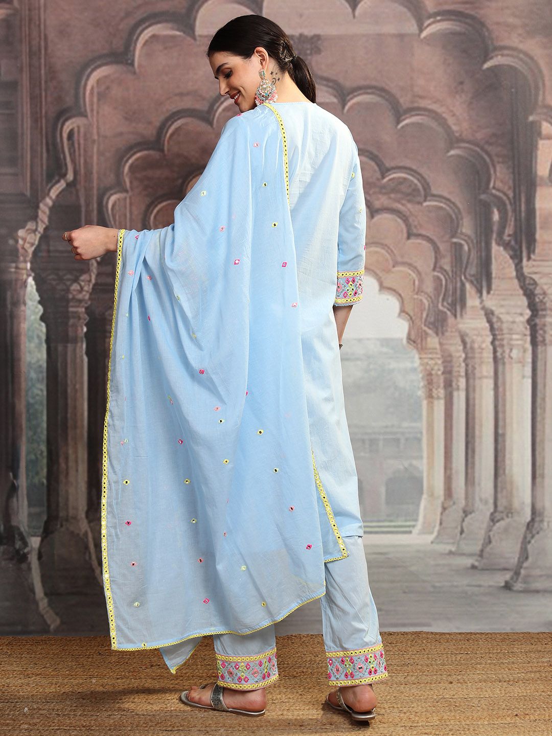 Vishudh Blue Embroidered Mirror Work Pure Cotton Straight Kurta With Trousers & Dupatta