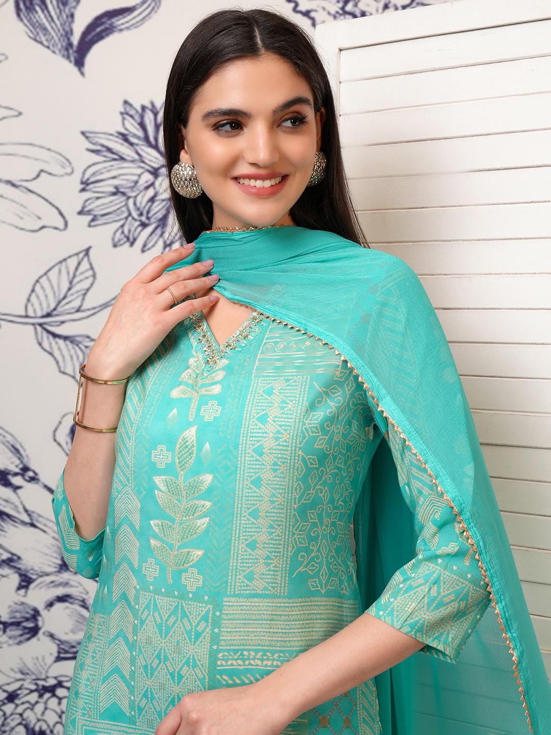 Vishudh Floral Printed Regular Beads and Stones Kurta with Trouser & Dupatta