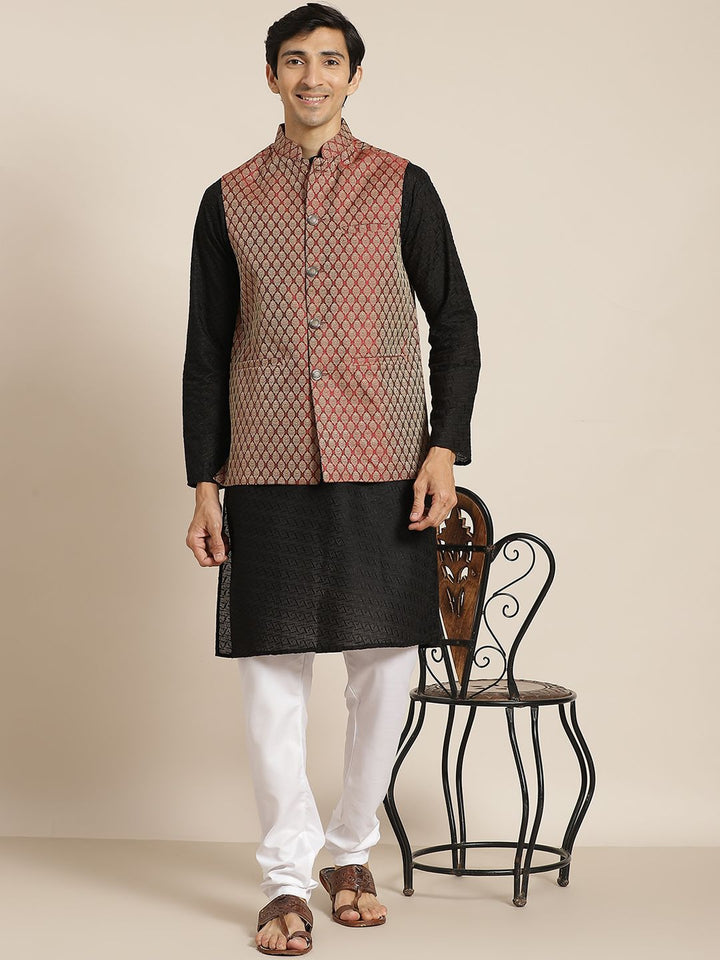SOJANYA Lelaki Black Chikankari Pure Cotton Kurta with Churidar & Nehru Jacket