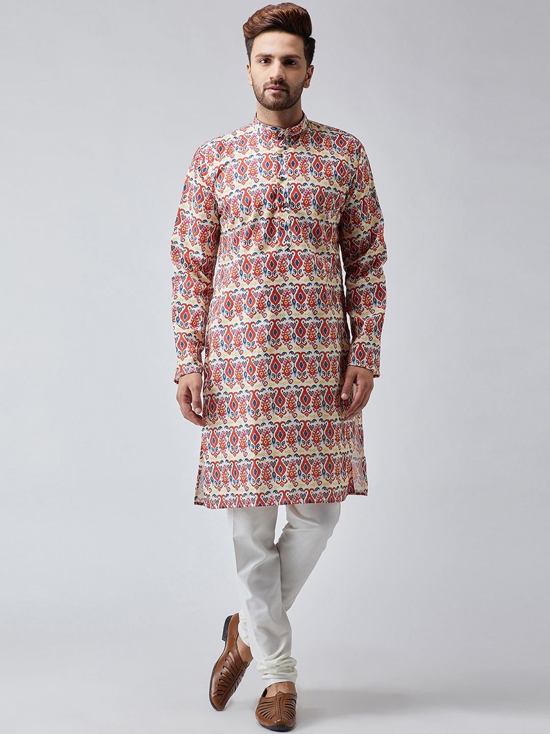 SOJANYA Men Off-White & Red Printed Straight Kurta