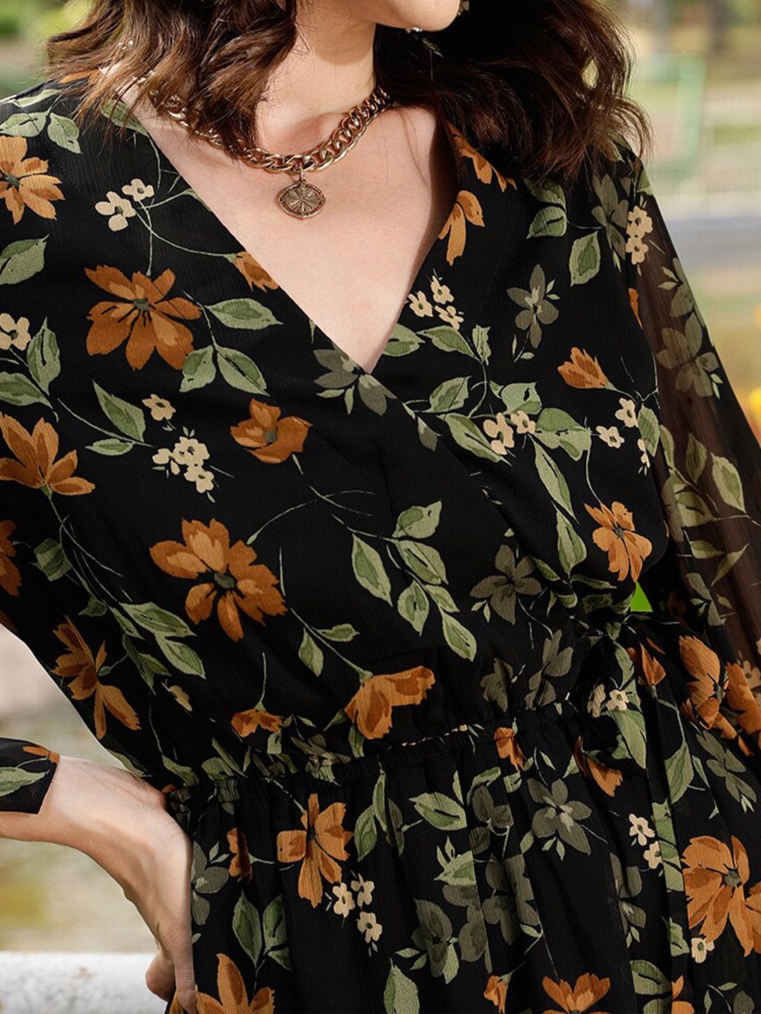STREET 9 Black & Green Floral Printed Wrap Dress