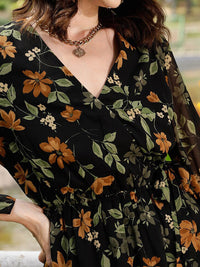 STREET 9 Black & Green Floral Printed Wrap Dress