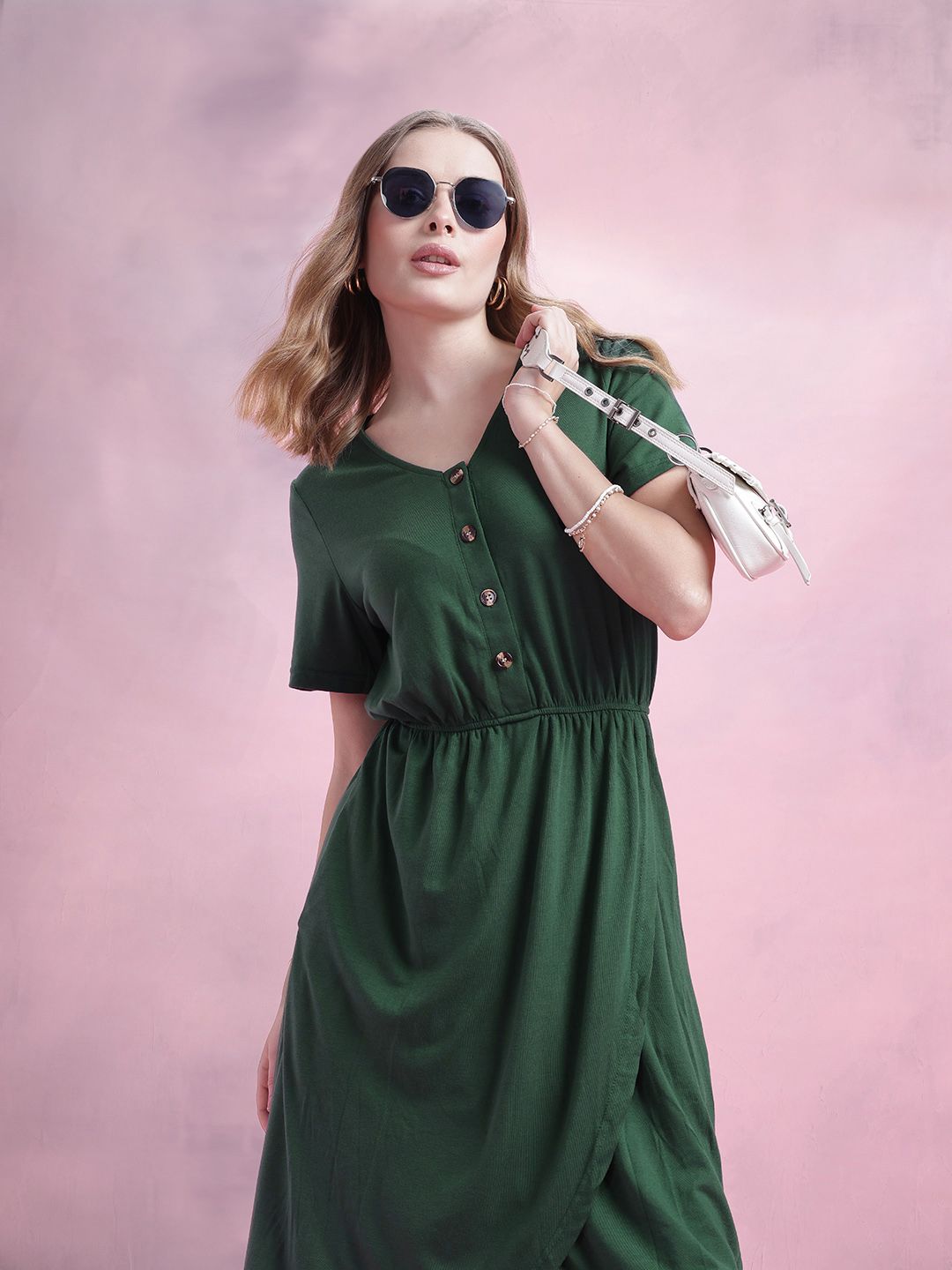 DressBerry Gathered Detail Tulip Hem Buttoned A-Line Dress