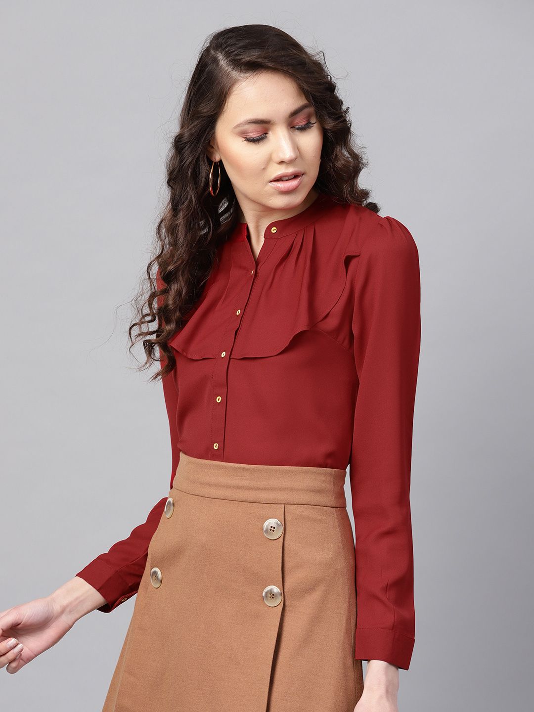 SASSAFRAS Women Maroon Ruffled Shirt Style Top