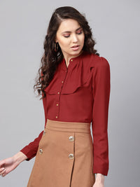 SASSAFRAS Women Maroon Ruffled Shirt Style Top