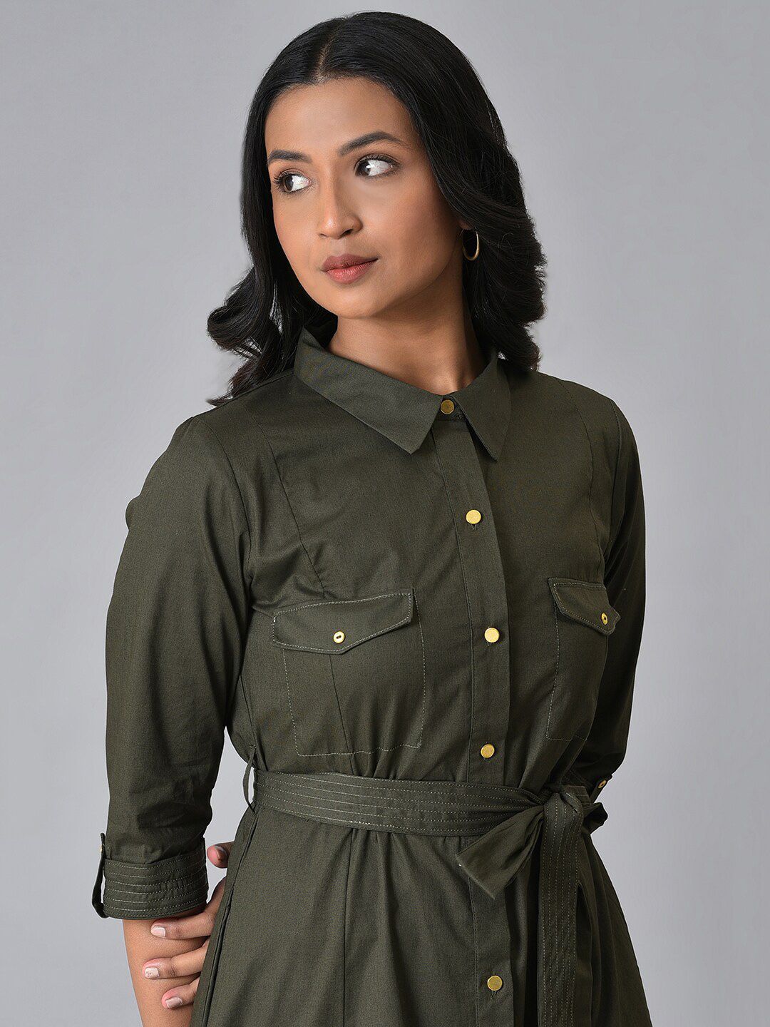 W Rool-Up Sleeves Pure Cotton Shirt Midi Dress