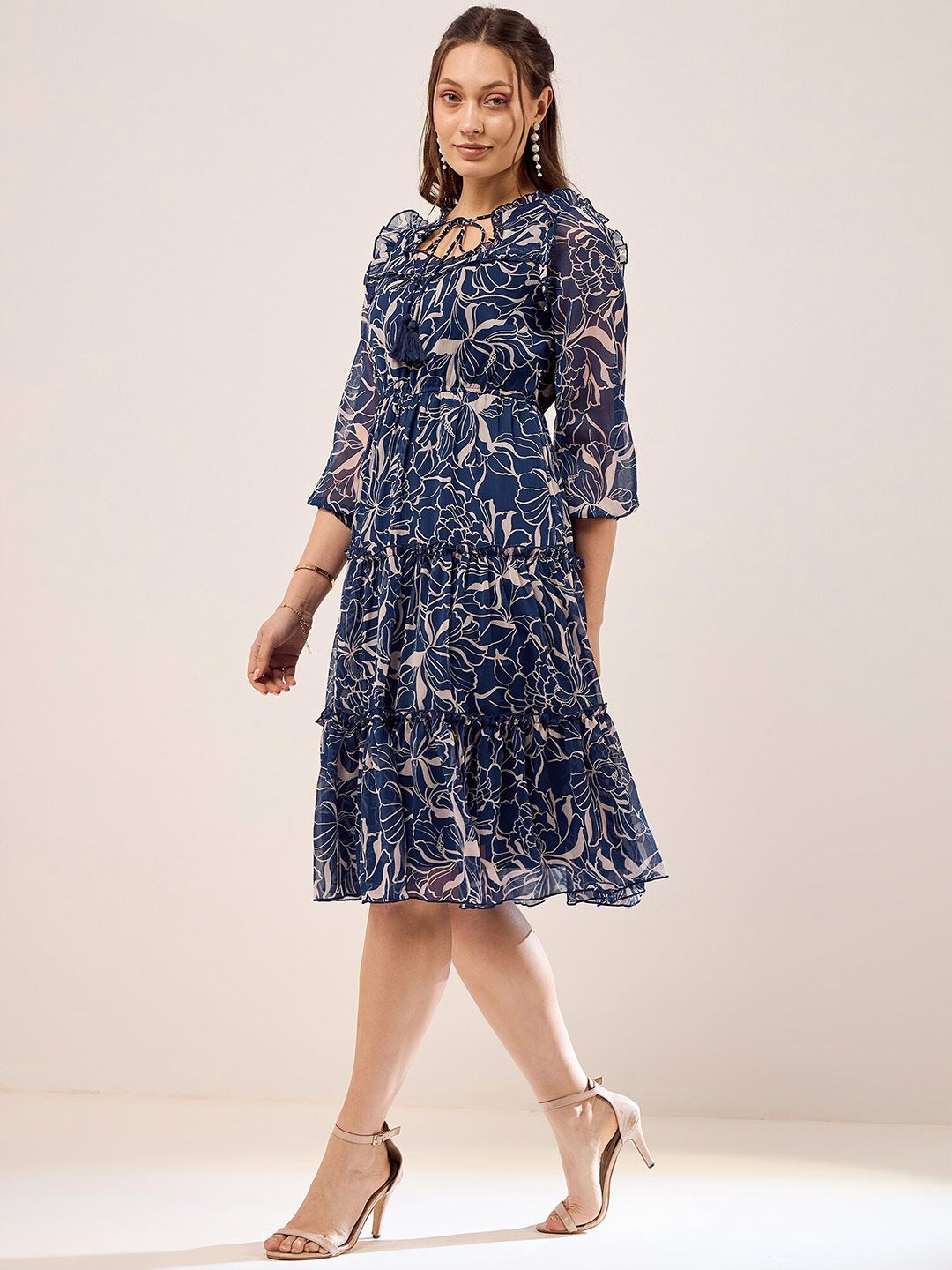 Antheaa Blue Floral Print Tie-Up Neck Cuffed Sleeves Chiffon Fit & Flare Dress