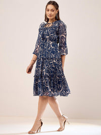 Antheaa Blue Floral Print Tie-Up Neck Cuffed Sleeves Chiffon Fit & Flare Dress