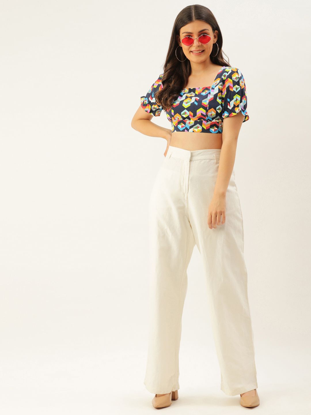 Berrylush Multicoloured Geometric Printed Puff Sleeves Styled Back Crop Top
