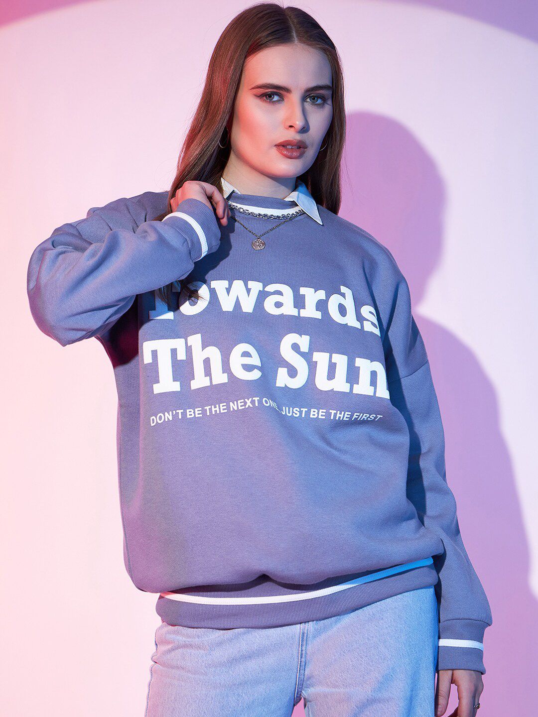 STREET 9 Lavender Typography Printed Drop Shoulder Pullover Fleece Sweatshirt