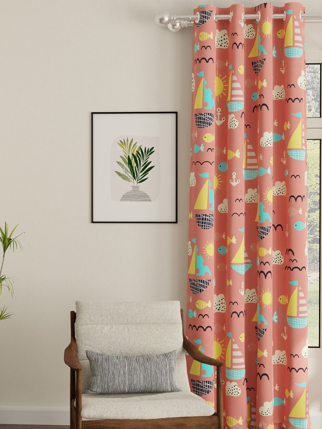 URBAN SPACE Peach & Yellow Printed Room Darkening Long Door Curtain